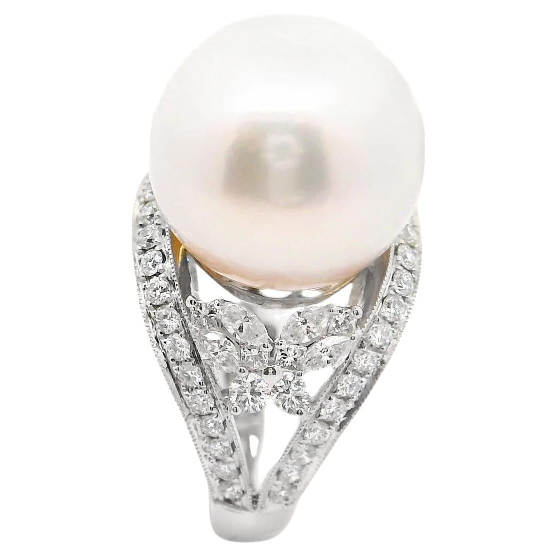 Anillo Mariposa 15MM Perla del Mar del Sur Diamante Oro Blanco 18k