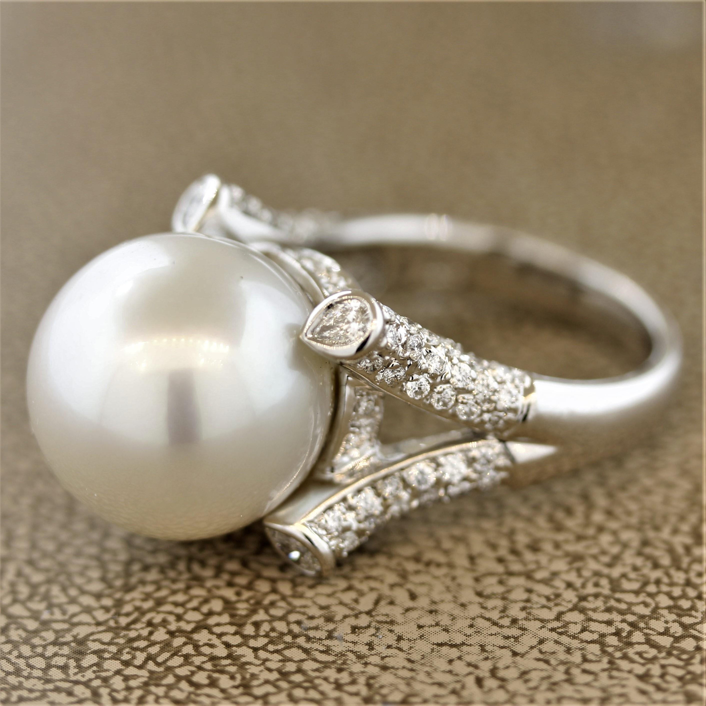 Round Cut South Sea Pearl Diamond Gold Cocktail Ring