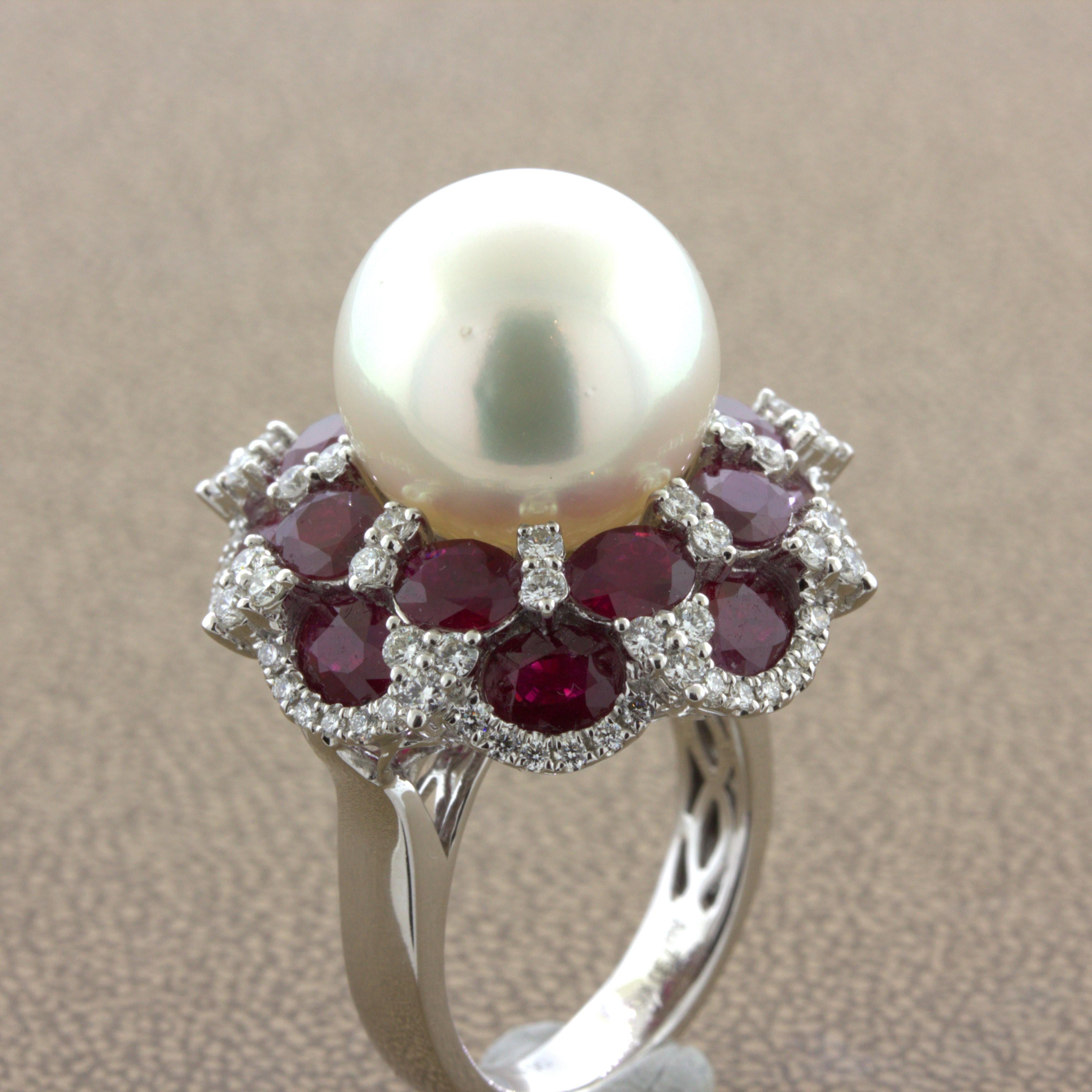 15mm South Sea Pearl Ruby Diamond 18k White Gold Cocktail Ring For Sale 5