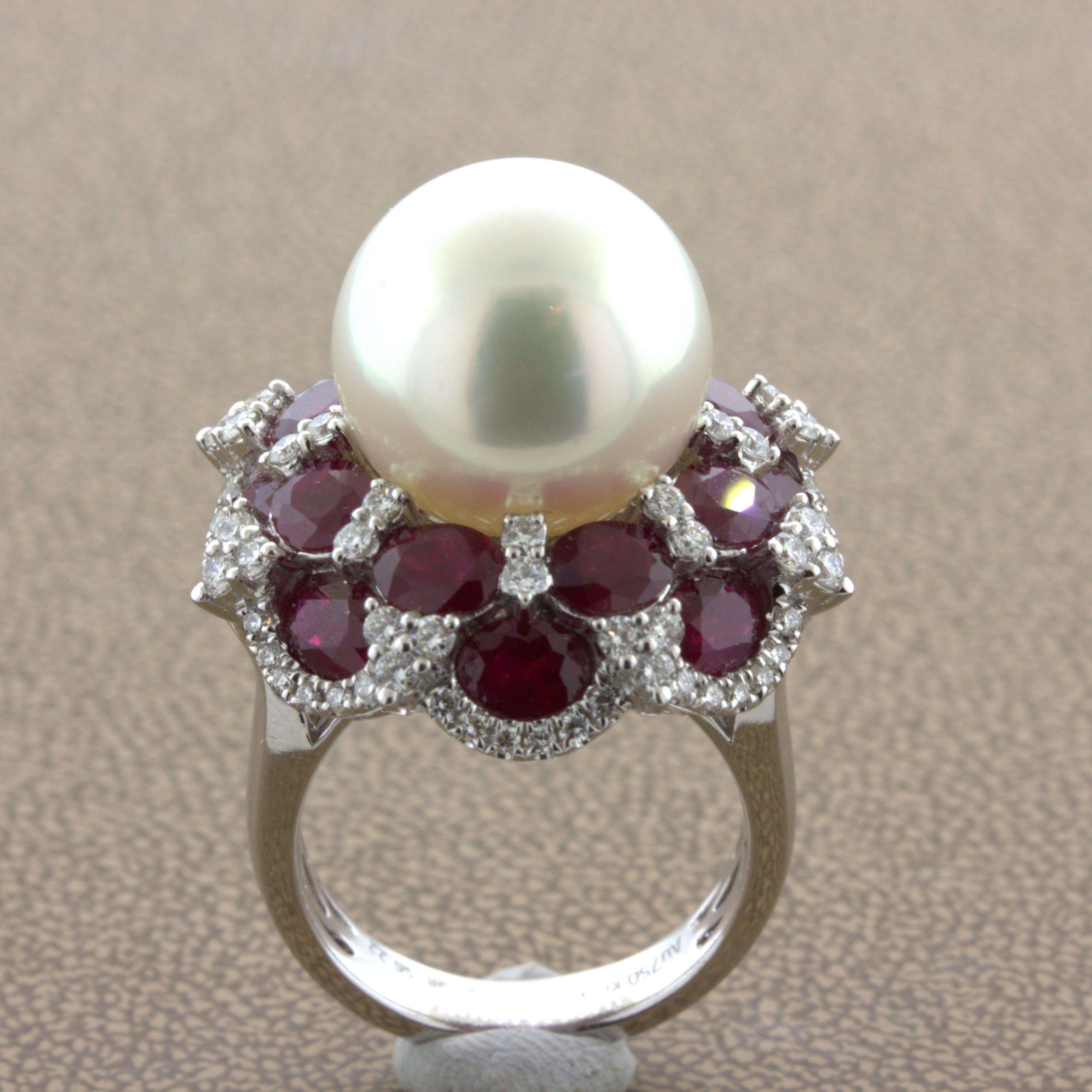 15mm South Sea Pearl Ruby Diamond 18k White Gold Cocktail Ring For Sale 6