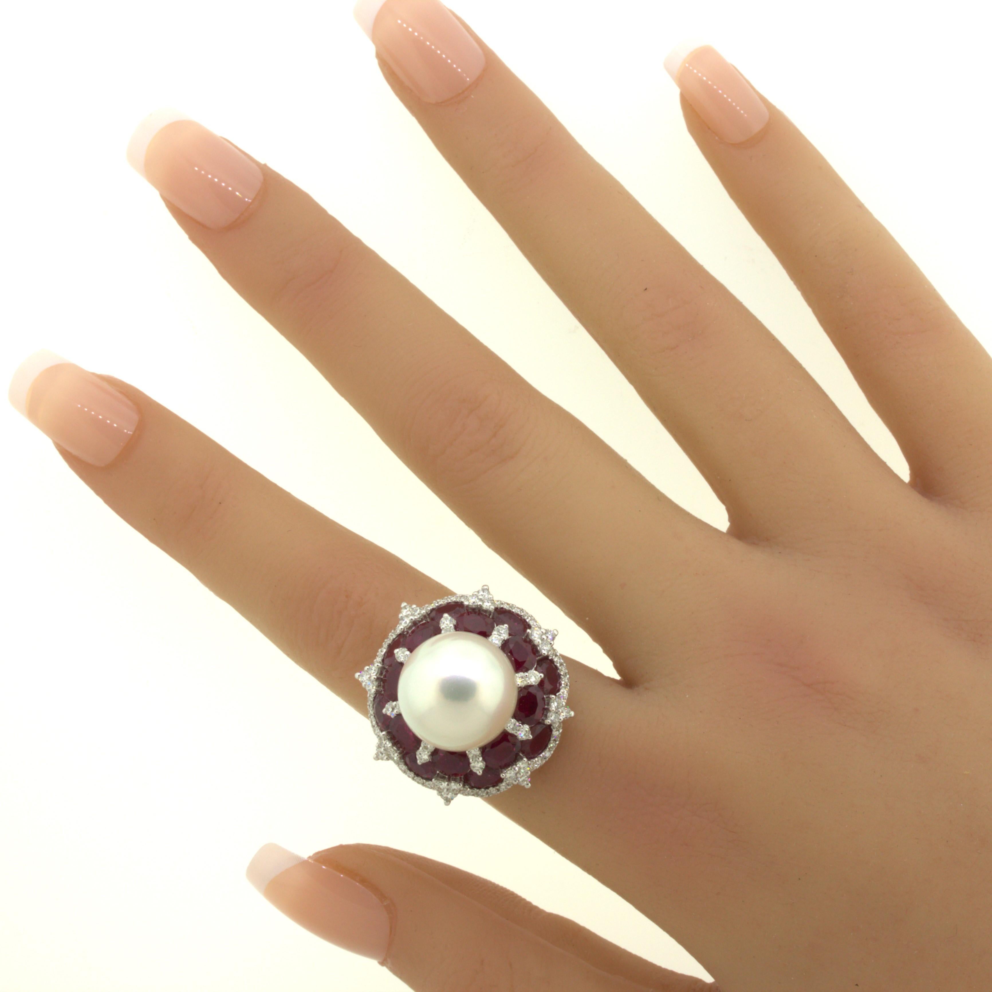 15mm South Sea Pearl Ruby Diamond 18k White Gold Cocktail Ring For Sale 8