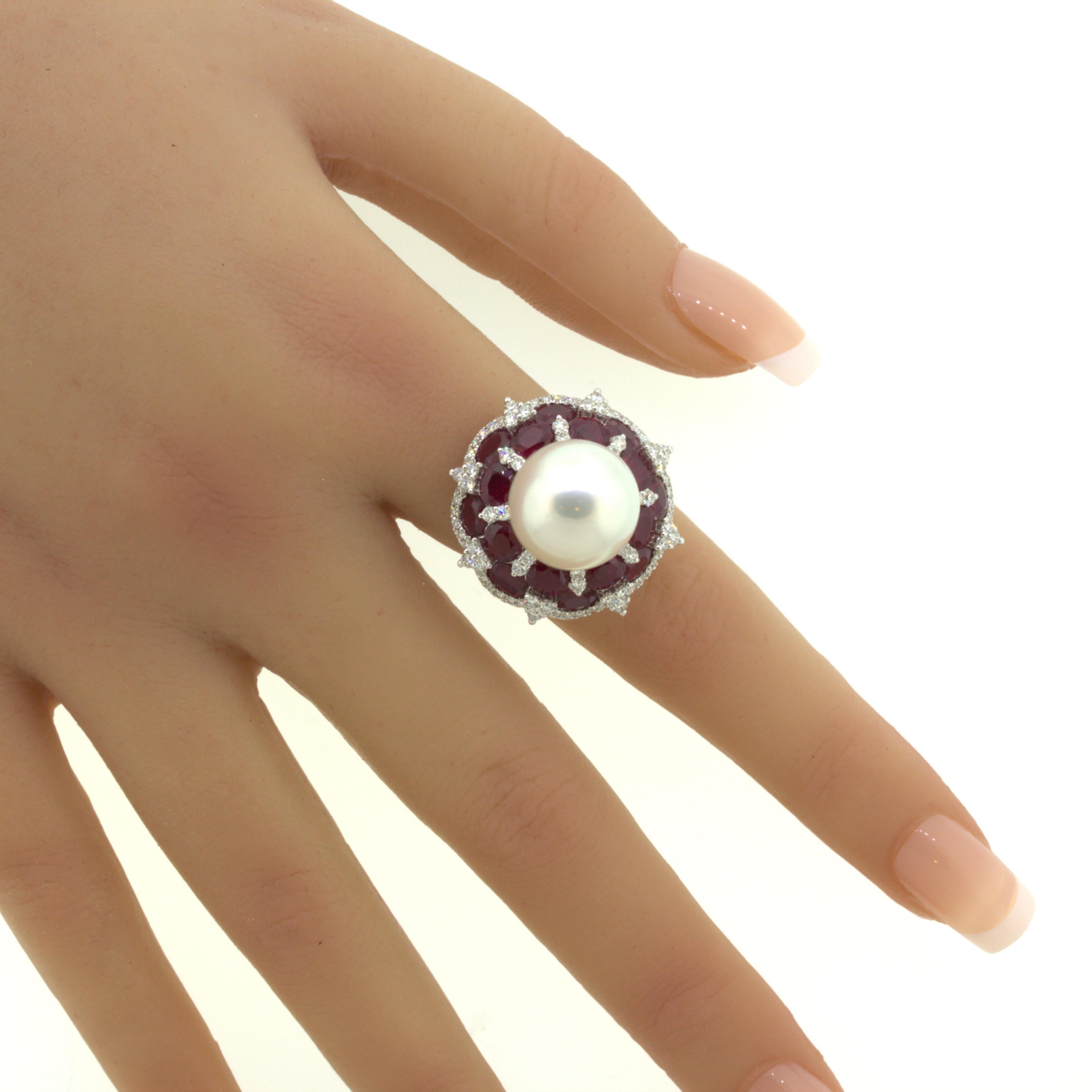 15mm South Sea Pearl Ruby Diamond 18k White Gold Cocktail Ring For Sale 10