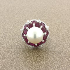 15mm South Sea Pearl Ruby Diamond 18k White Gold Cocktail Ring