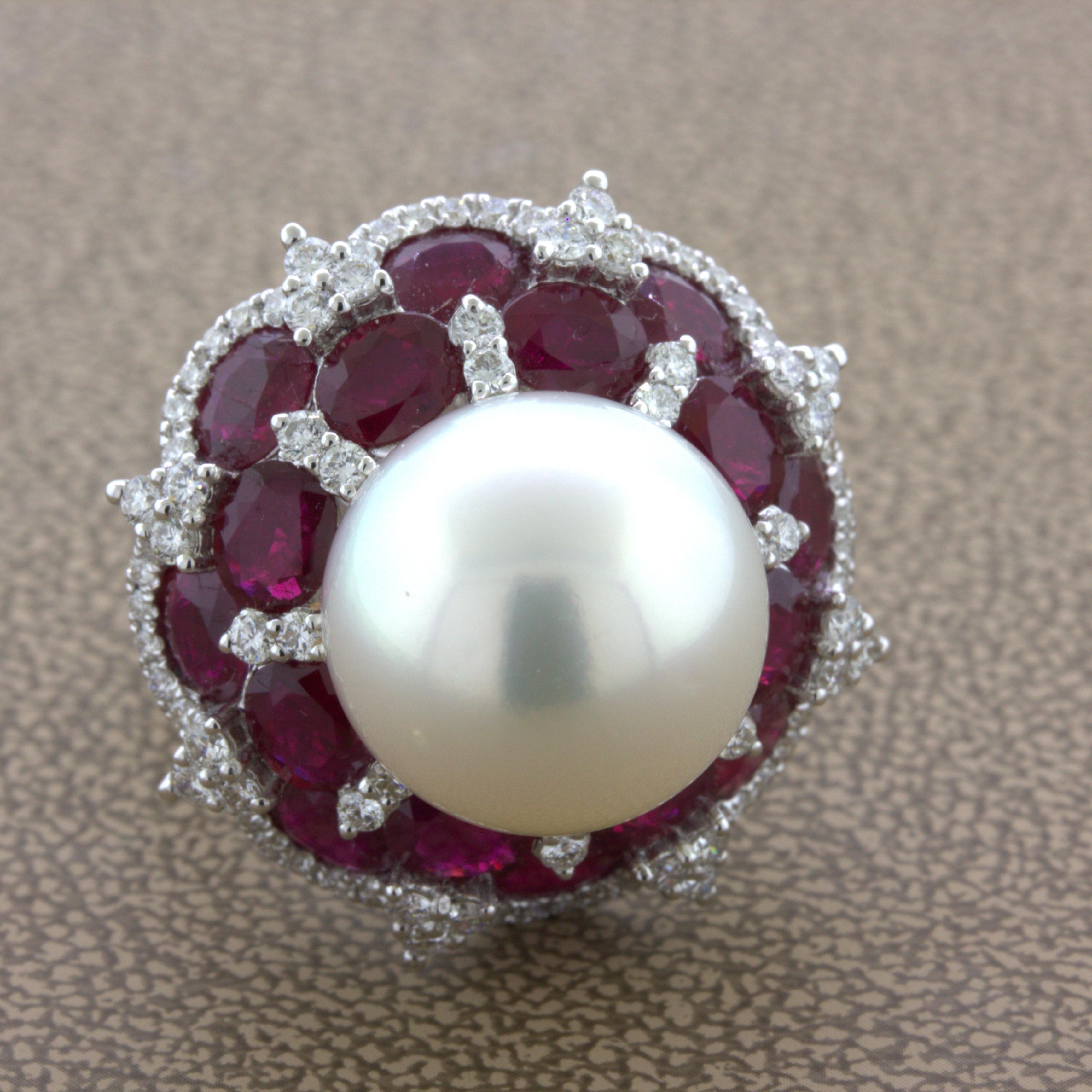 15mm South Sea Pearl Ruby Diamond 18k White Gold Cocktail Ring In New Condition For Sale In Beverly Hills, CA