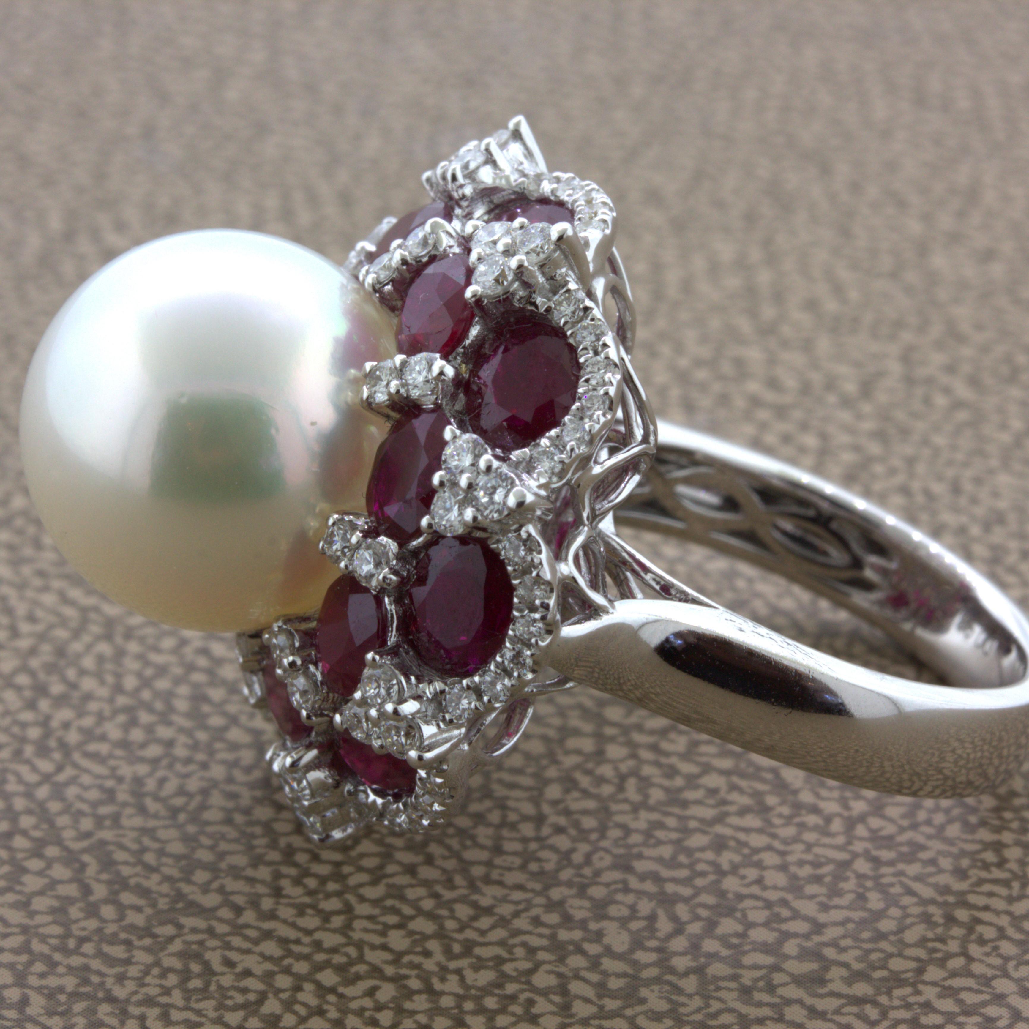 15mm South Sea Pearl Ruby Diamond 18k White Gold Cocktail Ring For Sale 1