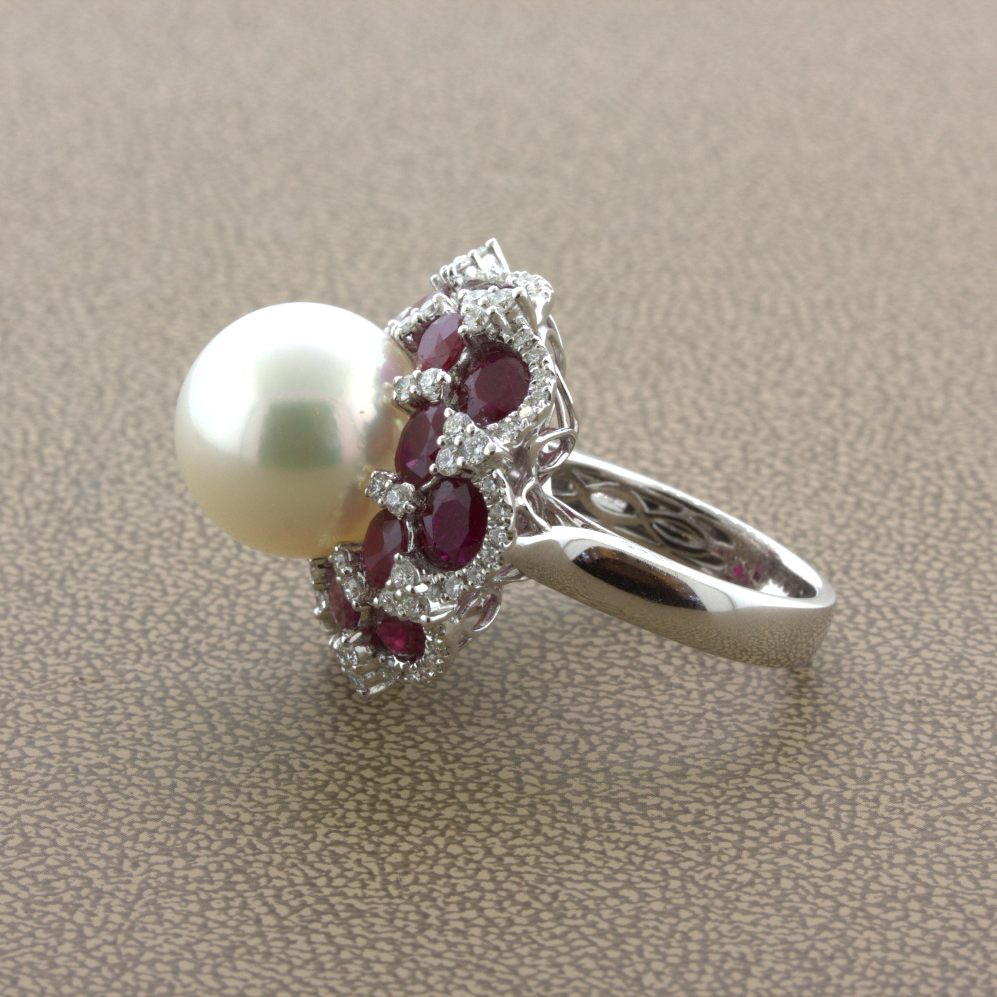 15mm South Sea Pearl Ruby Diamond 18k White Gold Cocktail Ring For Sale 2