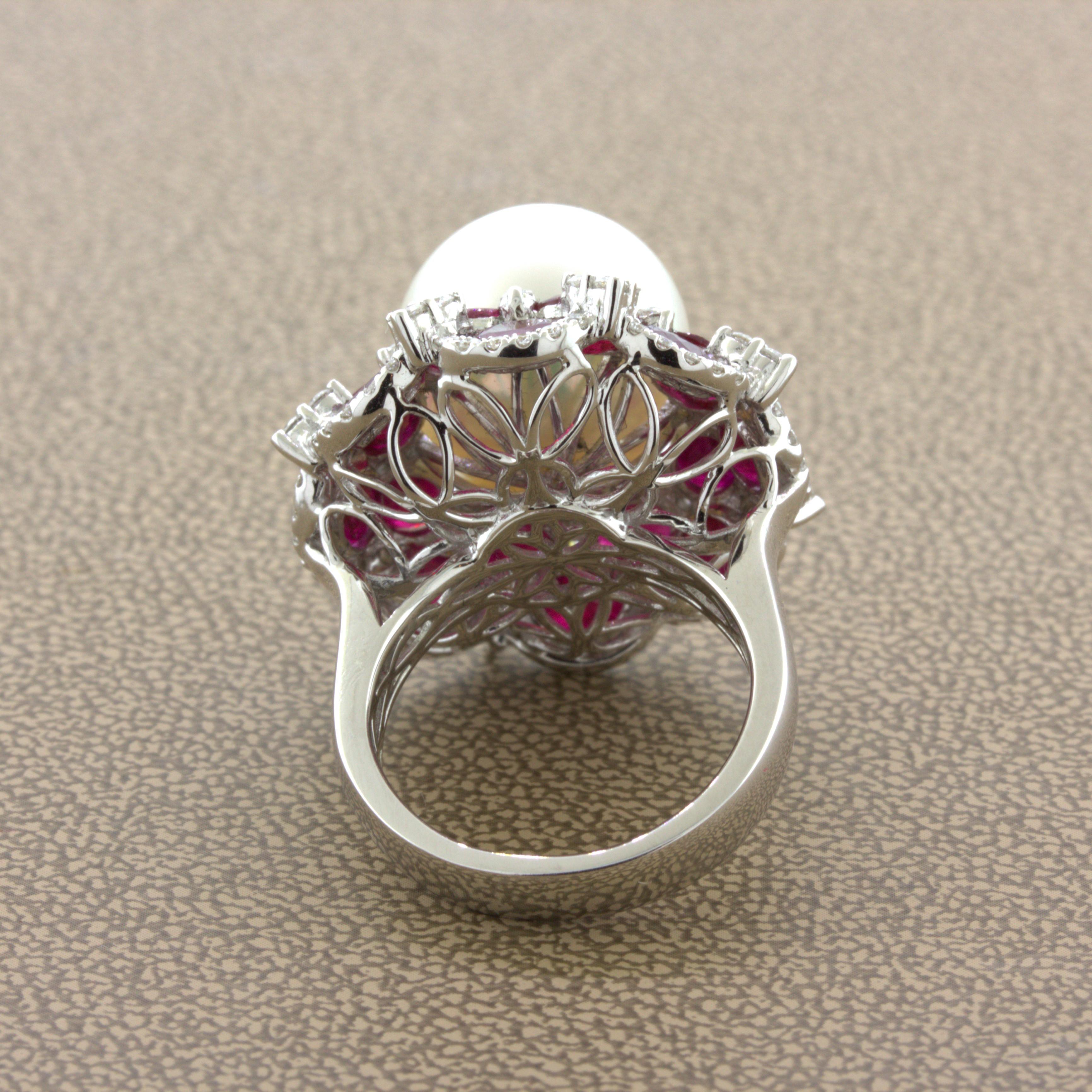 15mm South Sea Pearl Ruby Diamond 18k White Gold Cocktail Ring For Sale 3