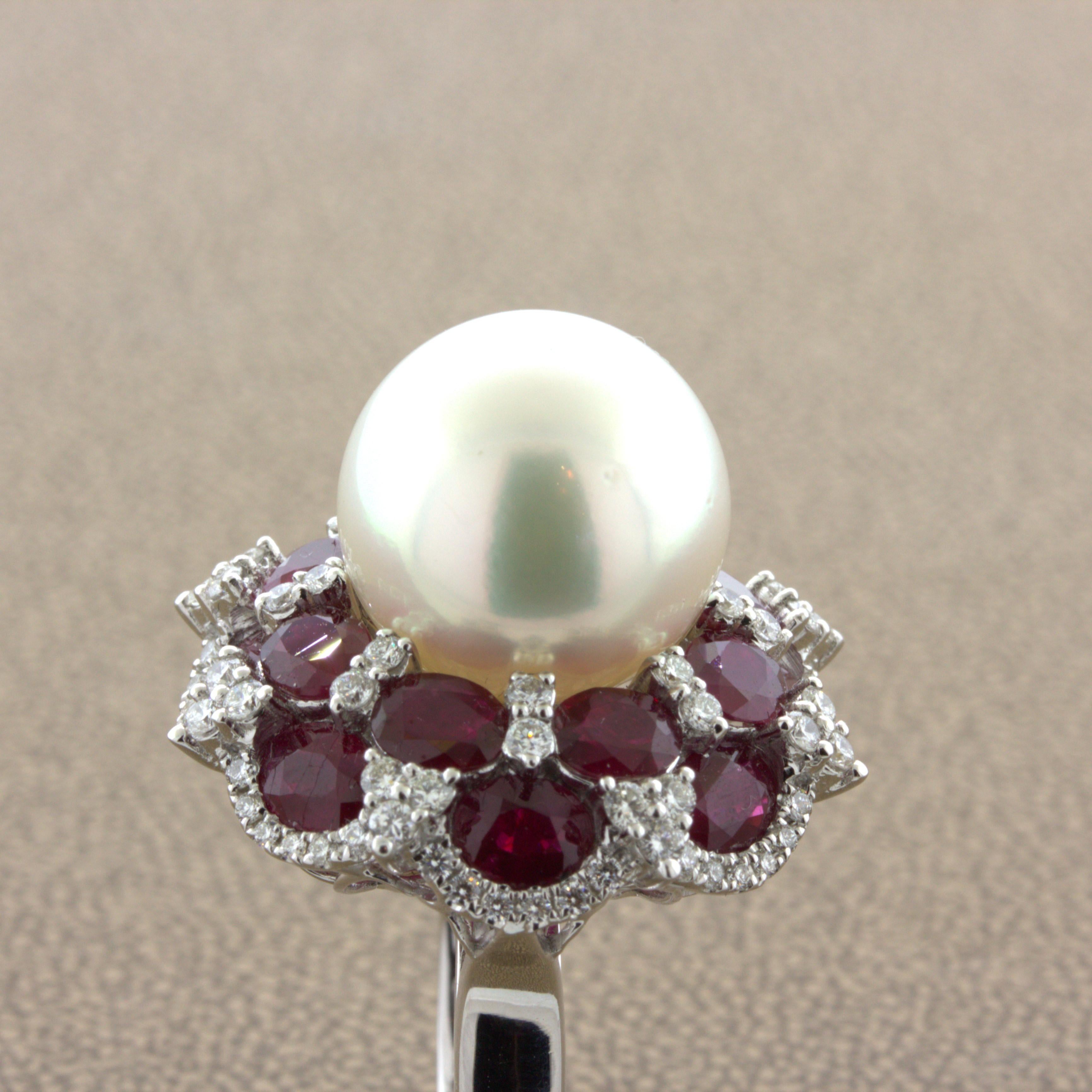 15mm South Sea Pearl Ruby Diamond 18k White Gold Cocktail Ring For Sale 4