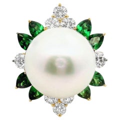 15mm South Sea Pearl Tsavorite Diamond 18k Yellow Gold Cocktail Ring