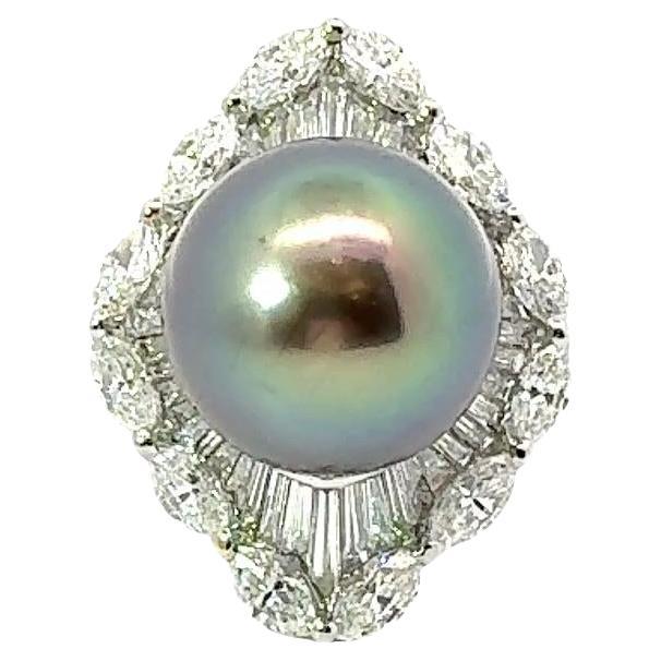Anello cocktail in platino con diamante e perla di Tahiti da 15 mm