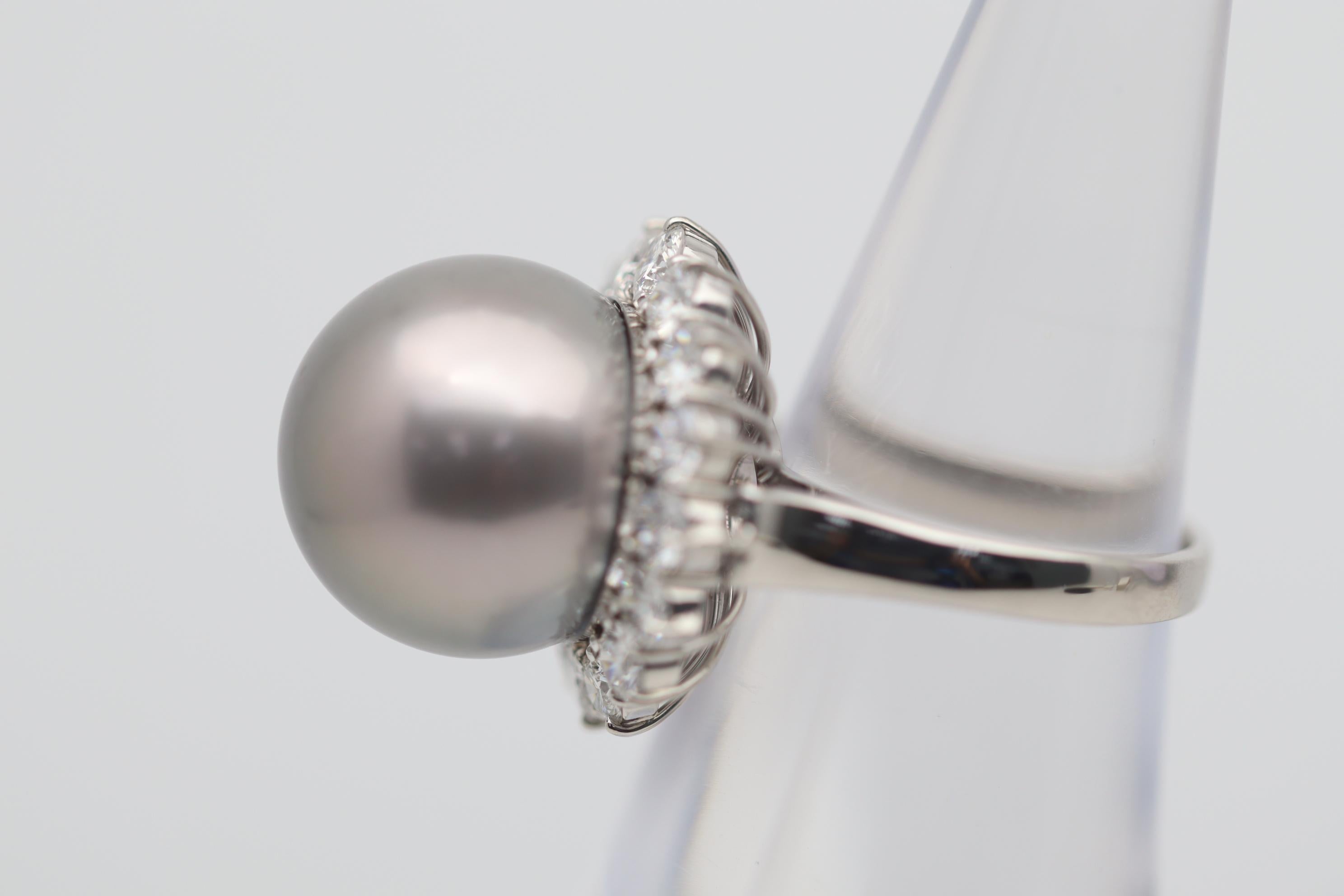 Round Cut 15mm Tahitian Pearl Diamond Platinum Ring
