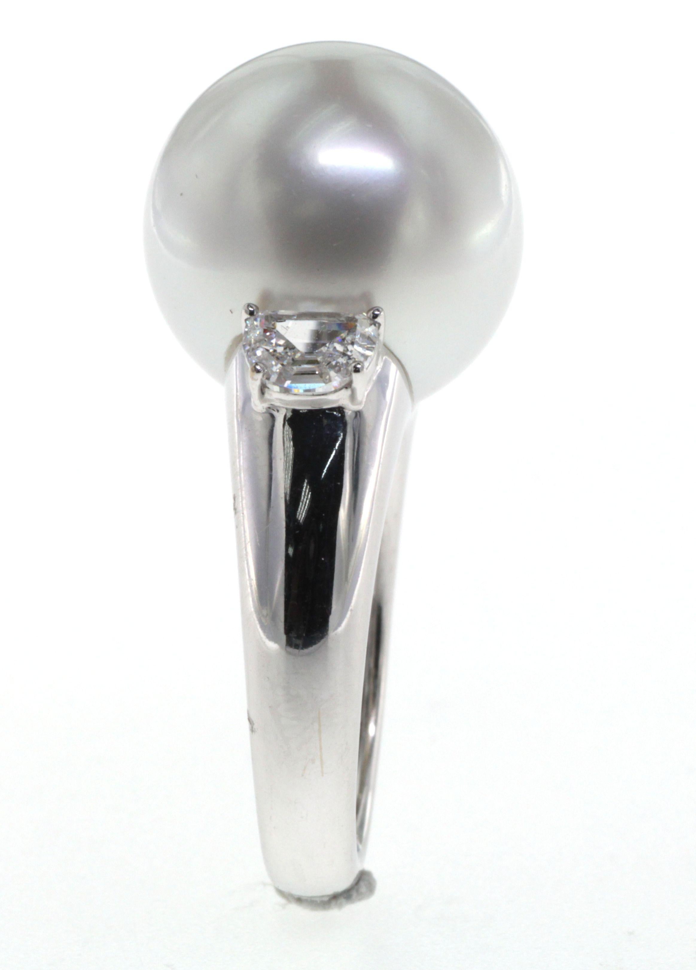 Contemporary 15.5mm White South Sea Pearl Diamond Ring in 18K White Gold