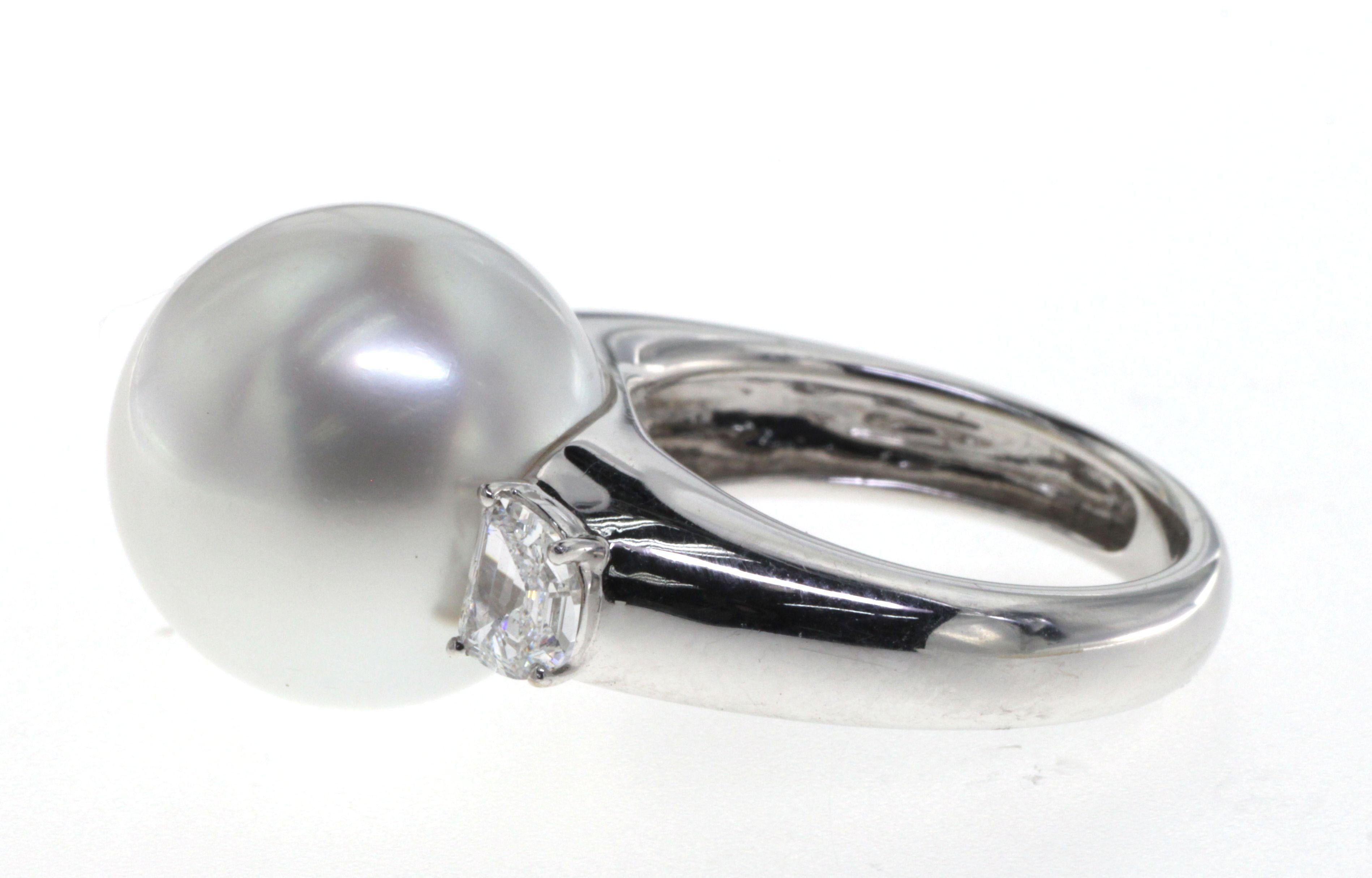 Shield Cut 15.5mm White South Sea Pearl Diamond Ring in 18K White Gold