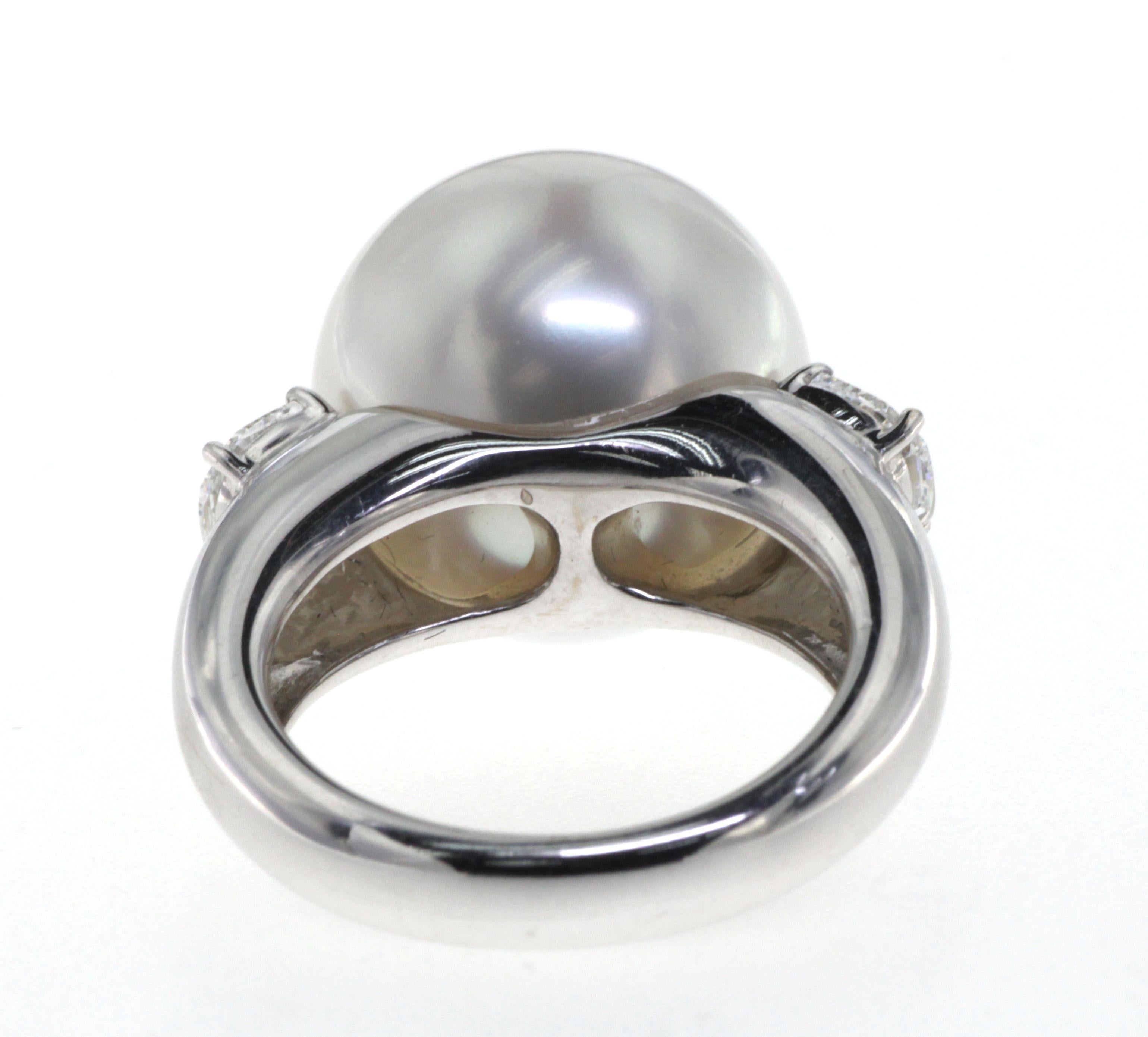 Women's 15.5mm White South Sea Pearl Diamond Ring in 18K White Gold