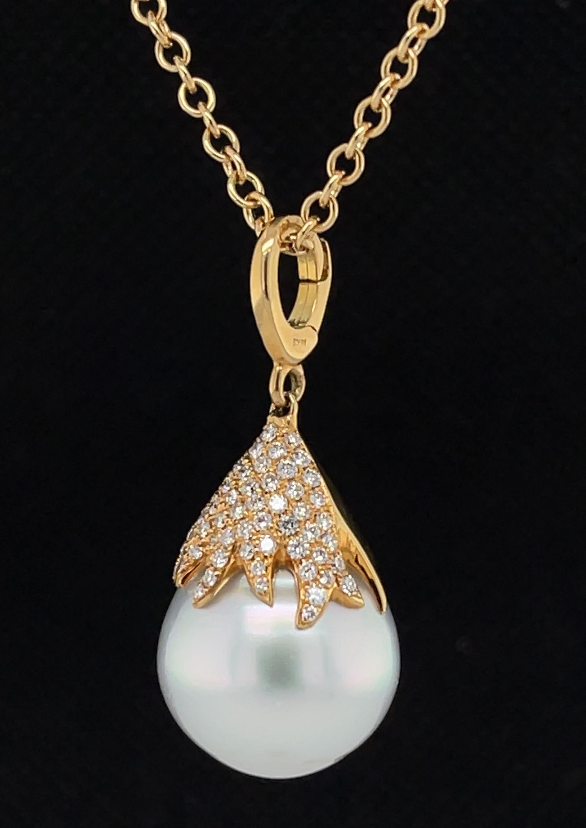 Artisan 15mm White South Sea Pearl and Diamond Necklace in 18k Yellow Gold   For Sale