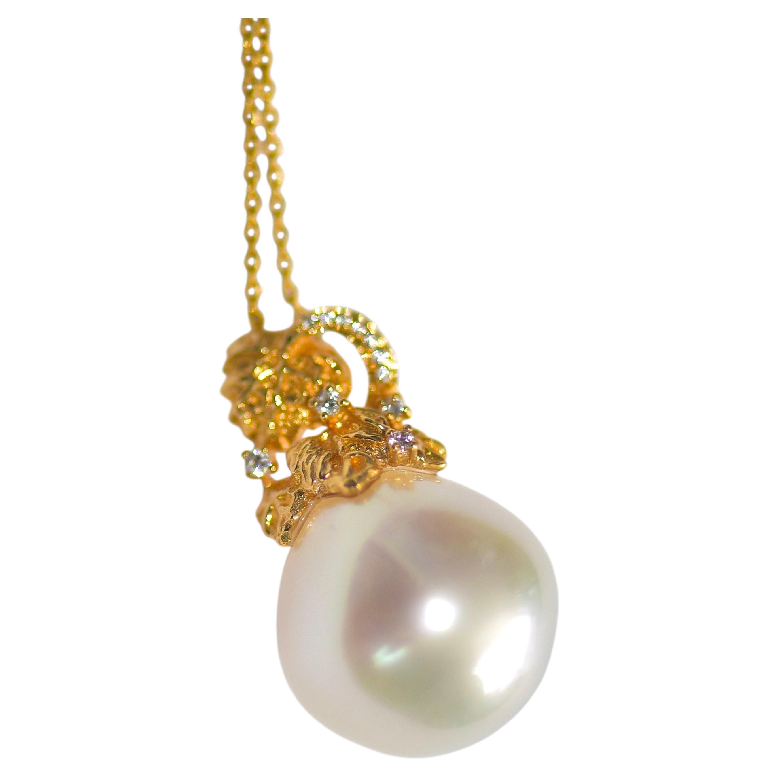 15mm White South Sea Pearl Textured Leaf Pendant Necklace, 18K Gold Leaf Bail