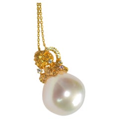 15mm White South Sea Pearl Textured Leaf Pendant Necklace, 18K Gold Leaf Bail