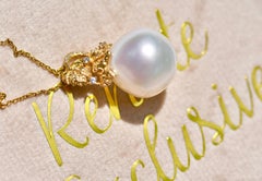 15mm White South Sea Pearl Textured Leaf Pendant Necklace, 18K Gold Leaf Bail