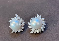 White South Sea Pearl with 6ct Diamond Cocktail Earrings Platinum Estate