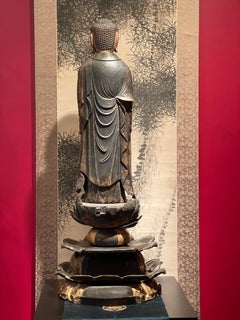 15th C Japanese Muromachi Wood Amida Nyorai Lotus Sculpture, circa 1450