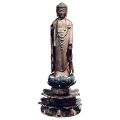 15th C Japanese Muromachi Wood Amida Nyorai Lotus Sculpture, circa 1450