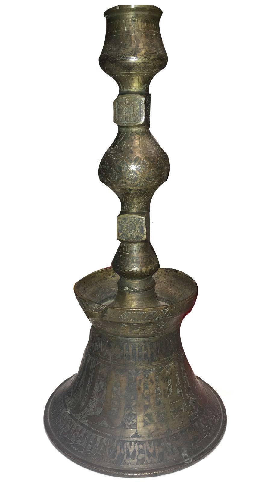 Syrian 15th Century, Pair of Mamluk Cast Brass Candlesticks from Egypt or Syria For Sale
