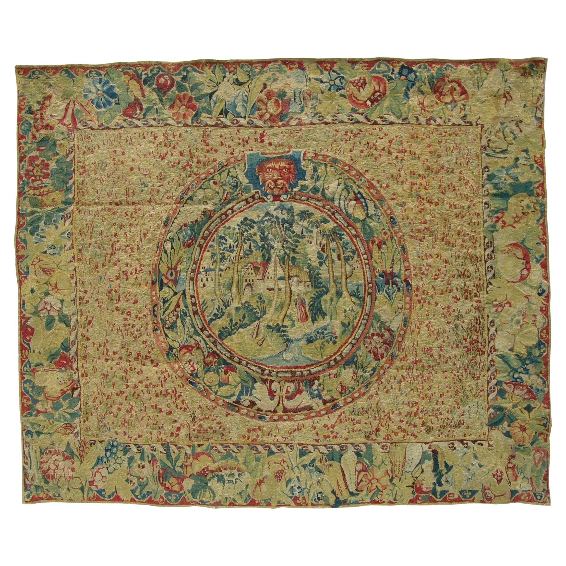 15th Century Antique Brussels Millefleur Tapestry 6' X 5' For Sale