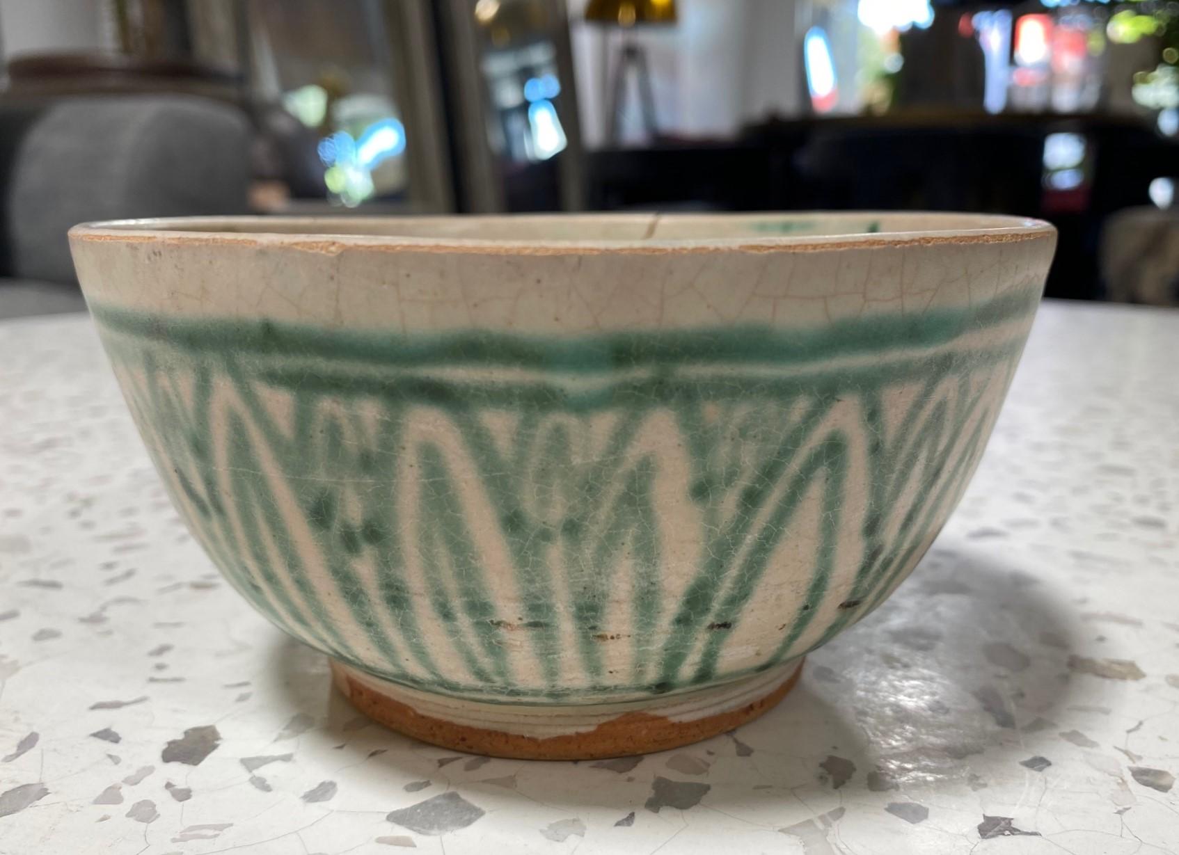 Glazed 15th Century Antique Burma 'Myanmar' Burmese Green & White Pottery Ceramic Bowl For Sale