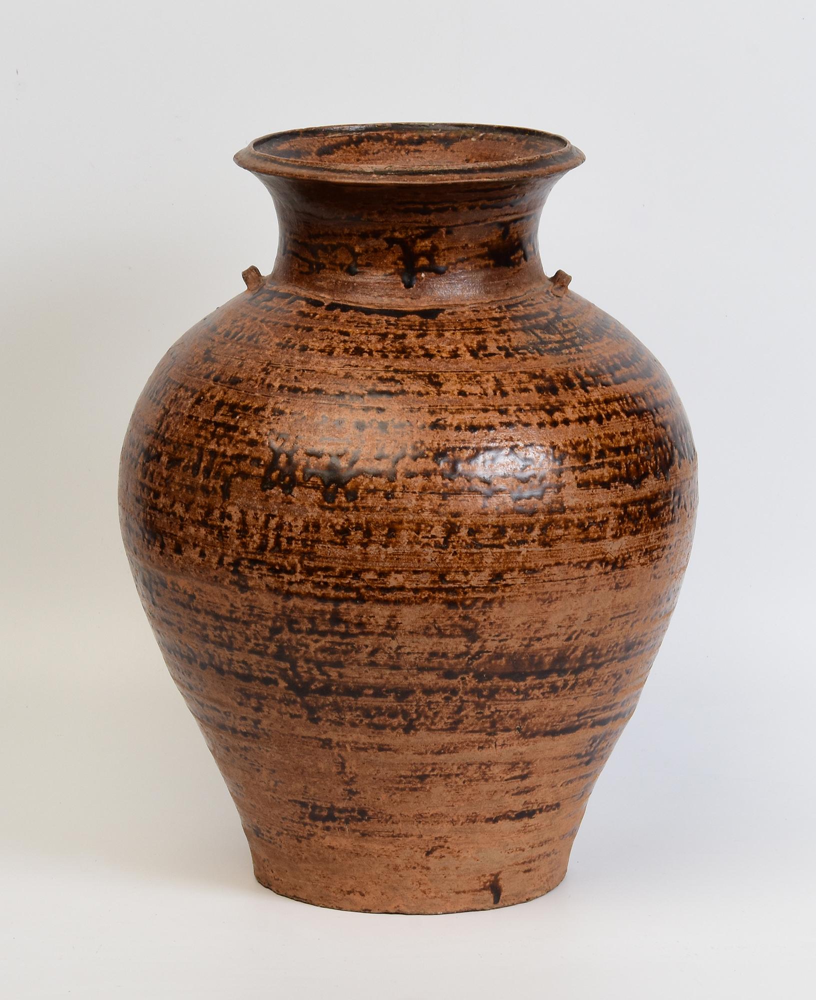 15th Century, Antique Thai Sankampaeng Pottery Ceramic Brown Glazed Jar For Sale 5