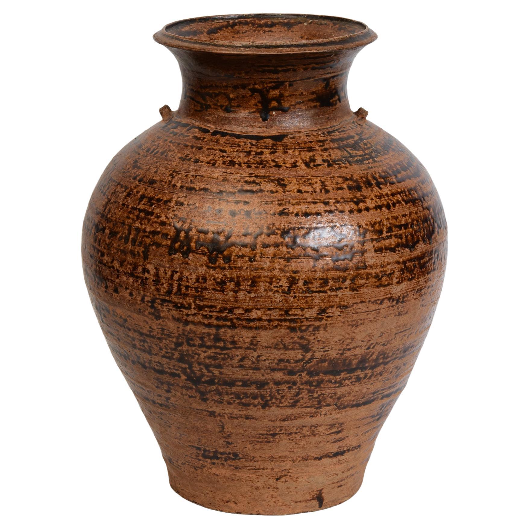 15th Century, Antique Thai Sankampaeng Pottery Ceramic Brown Glazed Jar For Sale