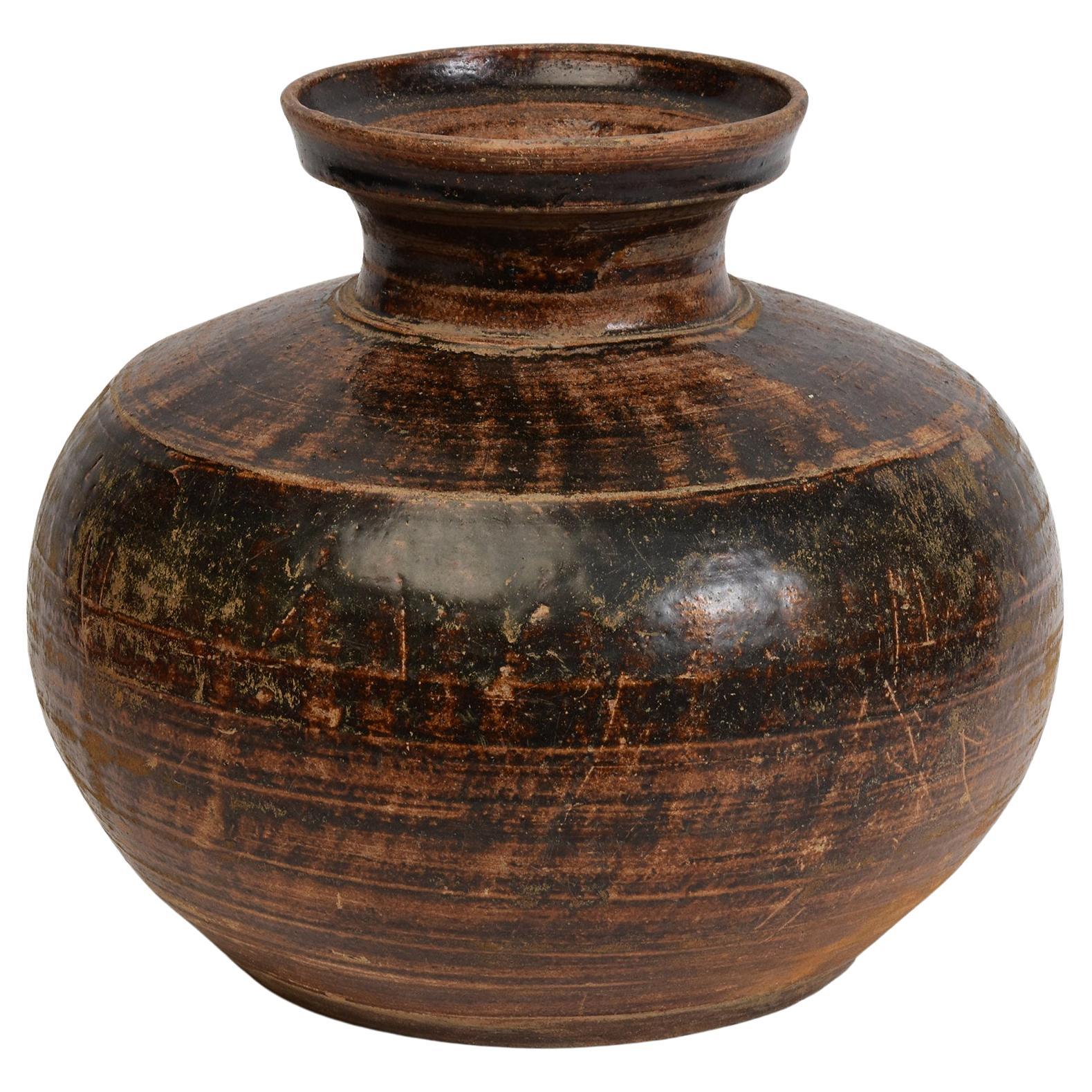 15th Century, Antique Thai Sankampaeng Pottery Ceramic Brown Glazed Jar For Sale