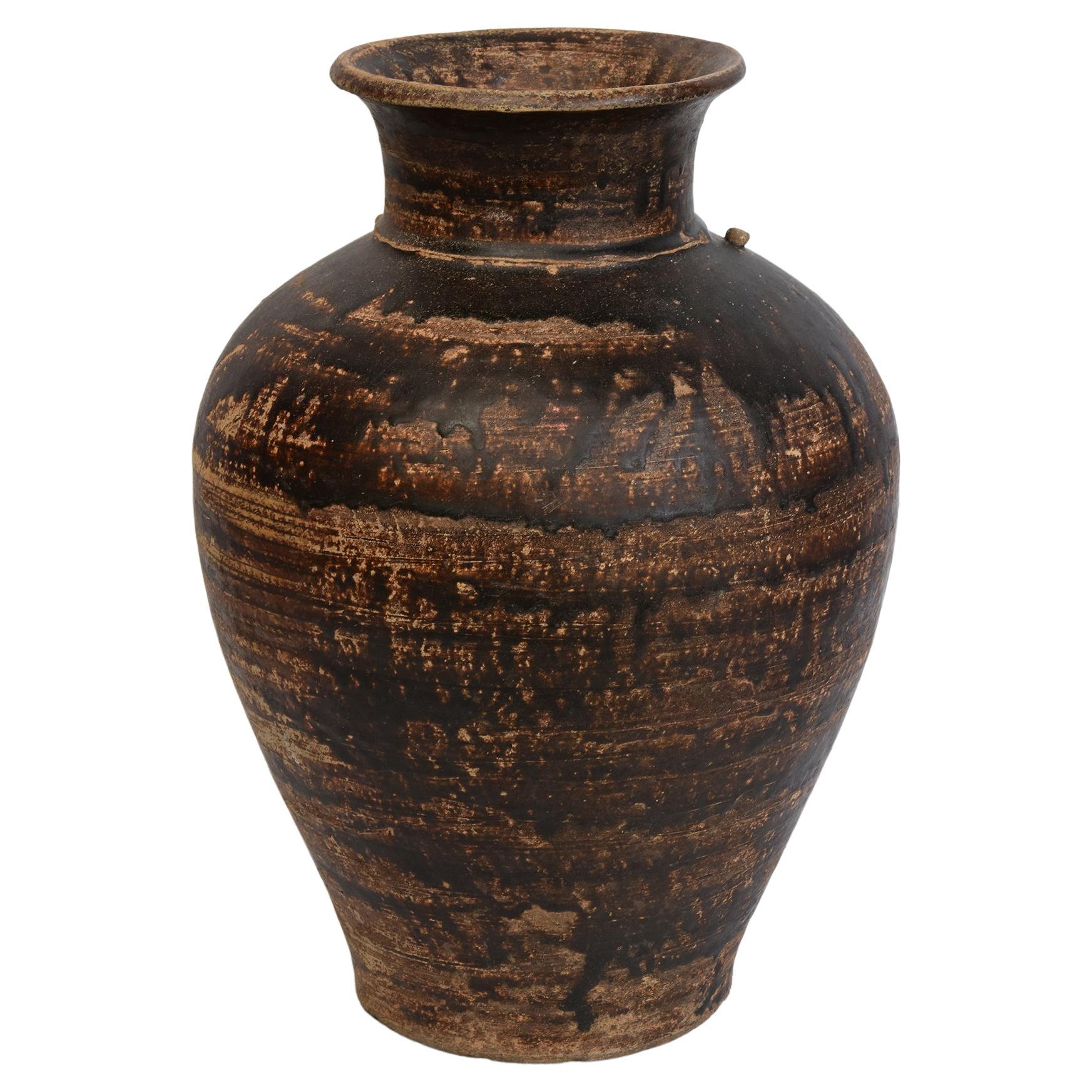 15th Century, Antique Thai Sankampaeng Pottery Ceramic Brown Glazed Jar For Sale