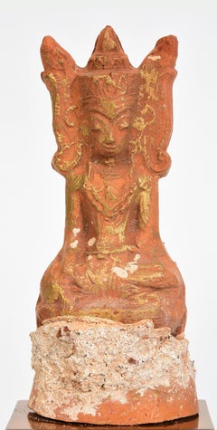 15th Century, Ava, Antique Burmese Pottery Crowned Seated Buddha