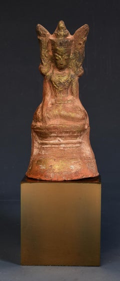 15th Century, Ava, Antique Burmese Pottery Seated Crowned Buddha with Stand
