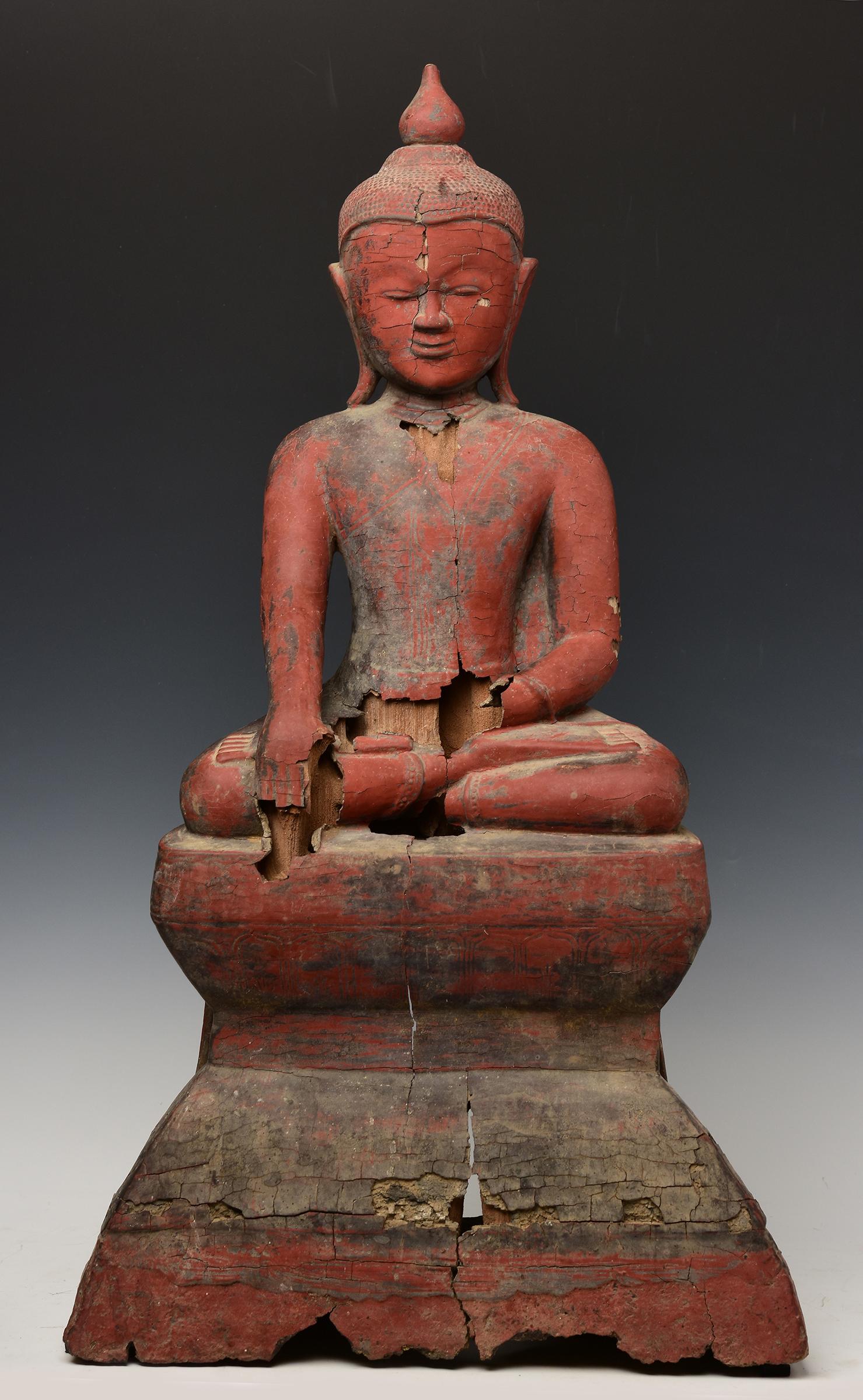 Burmese wooden Buddha sitting in Mara Vijaya (calling the earth to witness) posture on a base.

Age: Burma, Ava Period, 15th century
Size: Height 67.5 C.M. / Width 37.8 C.M. / Depth 20.5 C.M.
Condition: Intact with original condition.

100%