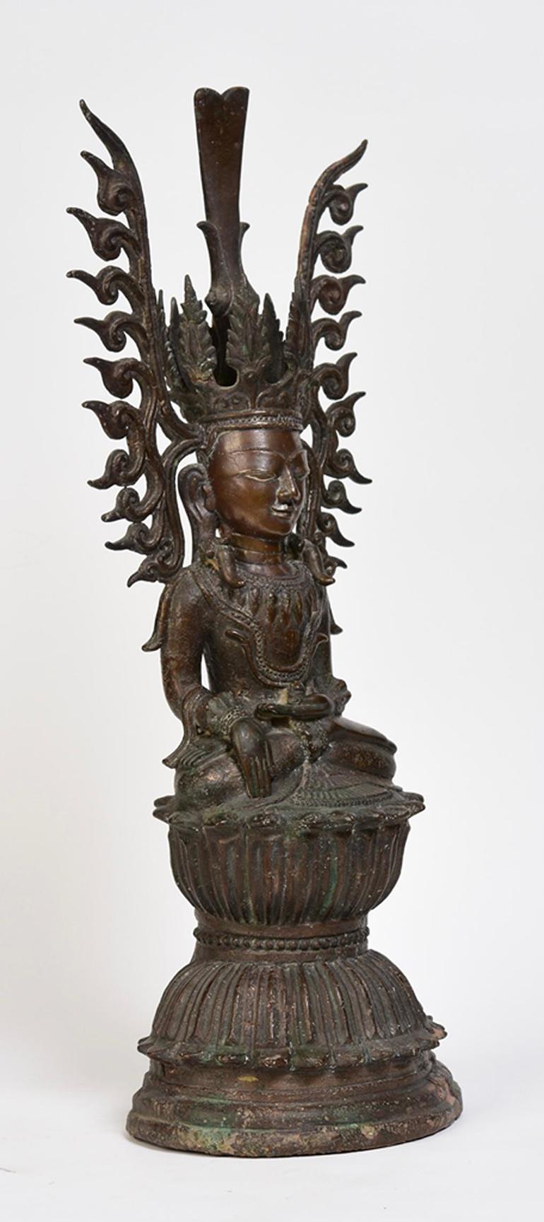 15th Century, Ava, Antique Burmese Bronze Seated Crowned Buddha 11