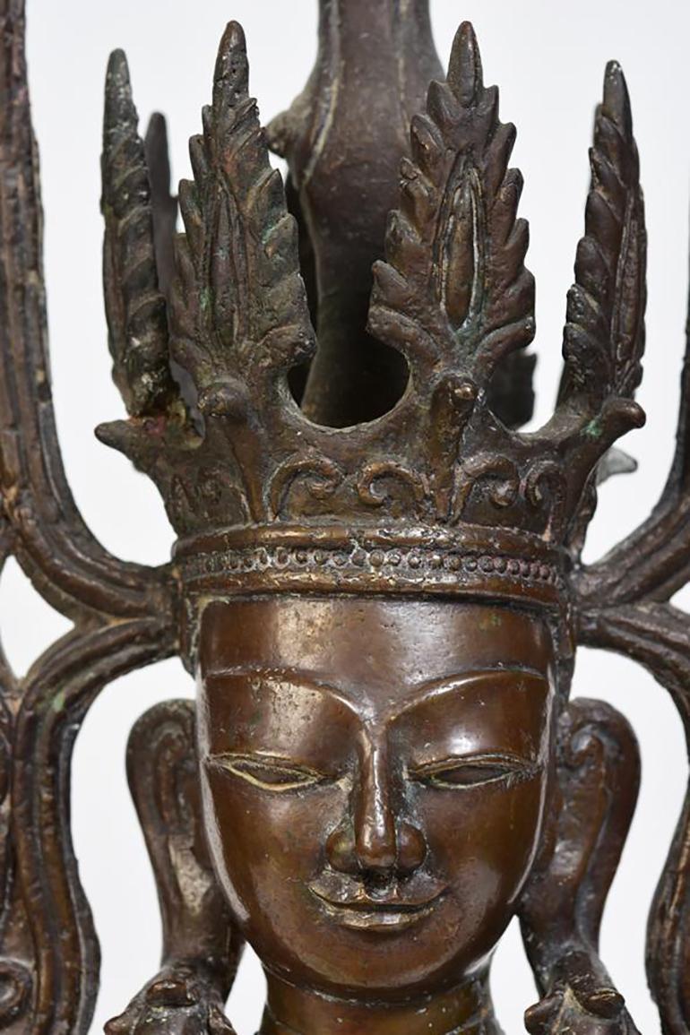 Hand-Carved 15th Century, Ava, Antique Burmese Bronze Seated Crowned Buddha