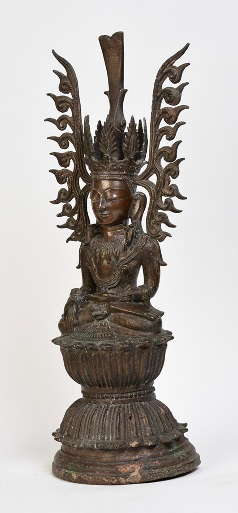 15th Century, Ava, Antique Burmese Bronze Seated Crowned Buddha 3