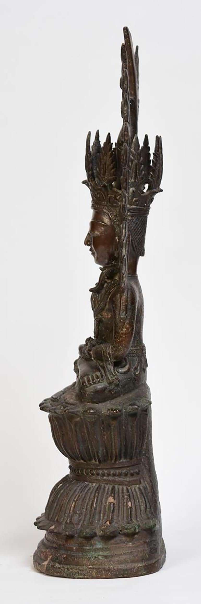 15th Century, Ava, Antique Burmese Bronze Seated Crowned Buddha 4