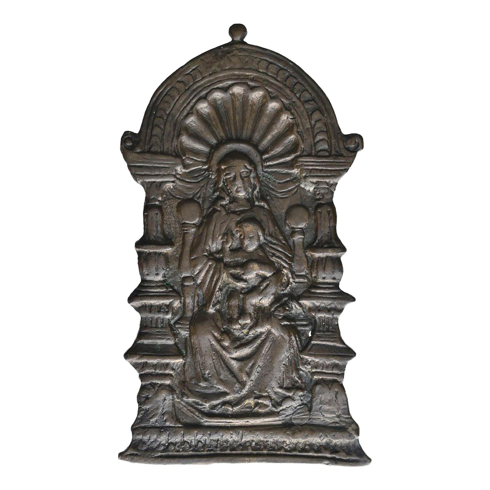 15th century Bronze Florentine Pax of the Seated Madonna and Child