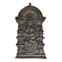 15th century Bronze Florentine Pax of the Seated Madonna and Child