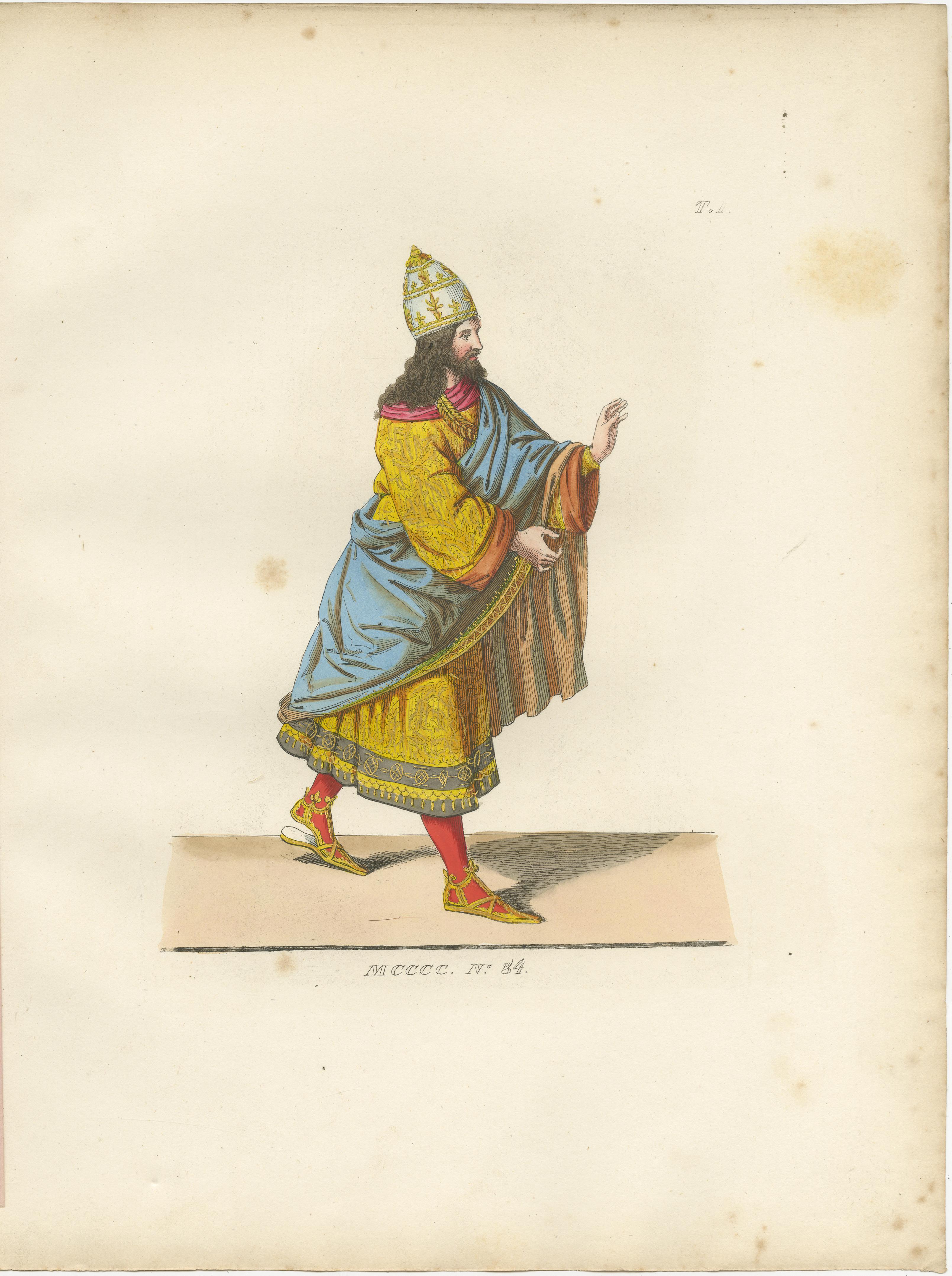 Dignatario y noble renacentistas con acompañante, hacia el siglo XV

Este vibrante conjunto de dos láminas de trajes coloreadas a mano, tomadas de la autorizada edición de 1845 de Costumes Historiques des XIIIe, XIVe et XVe Siècles, ilustra la