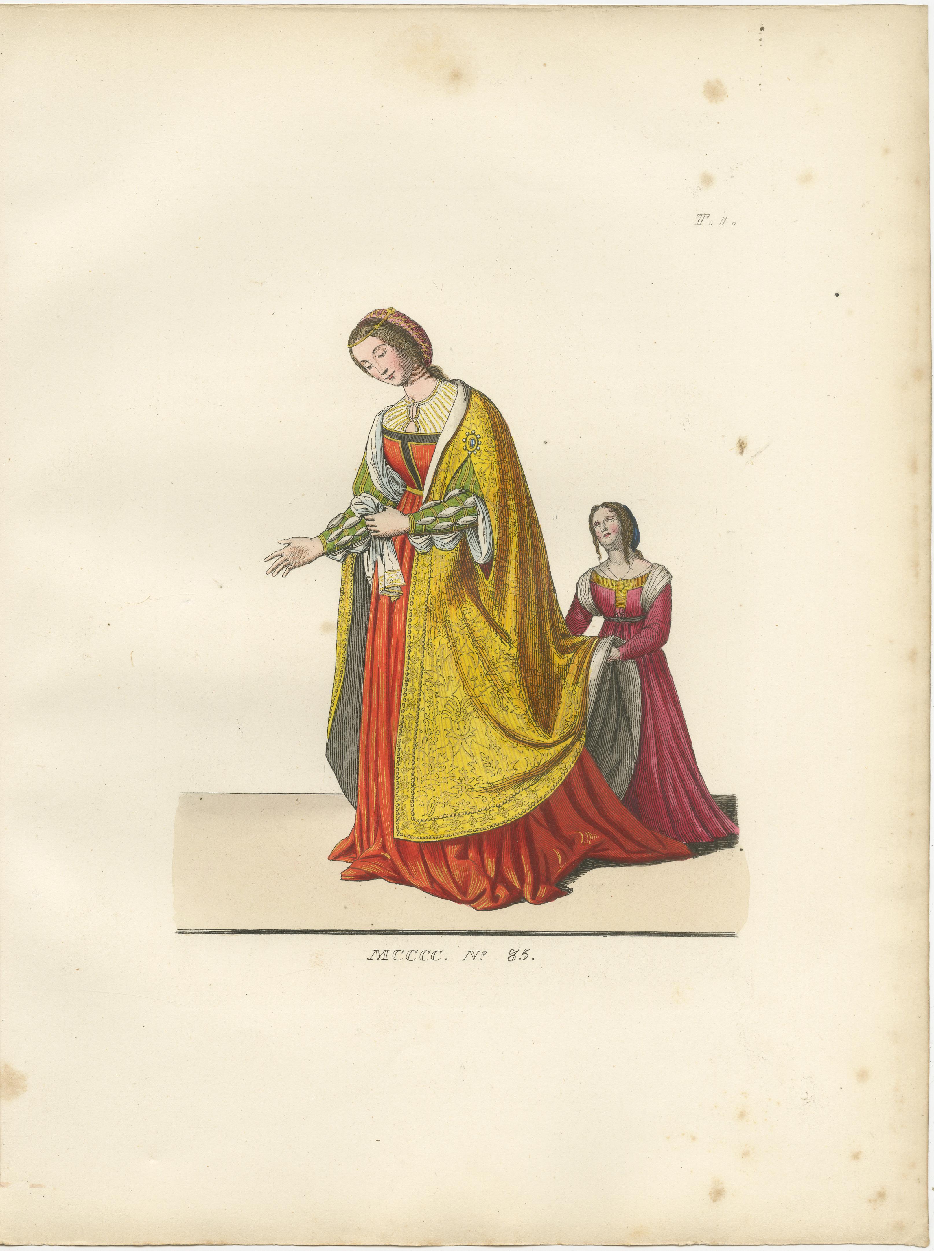 Trajes del siglo XV - Grabado antiguo de figuras nobles, publicado en 1845 Francés en venta