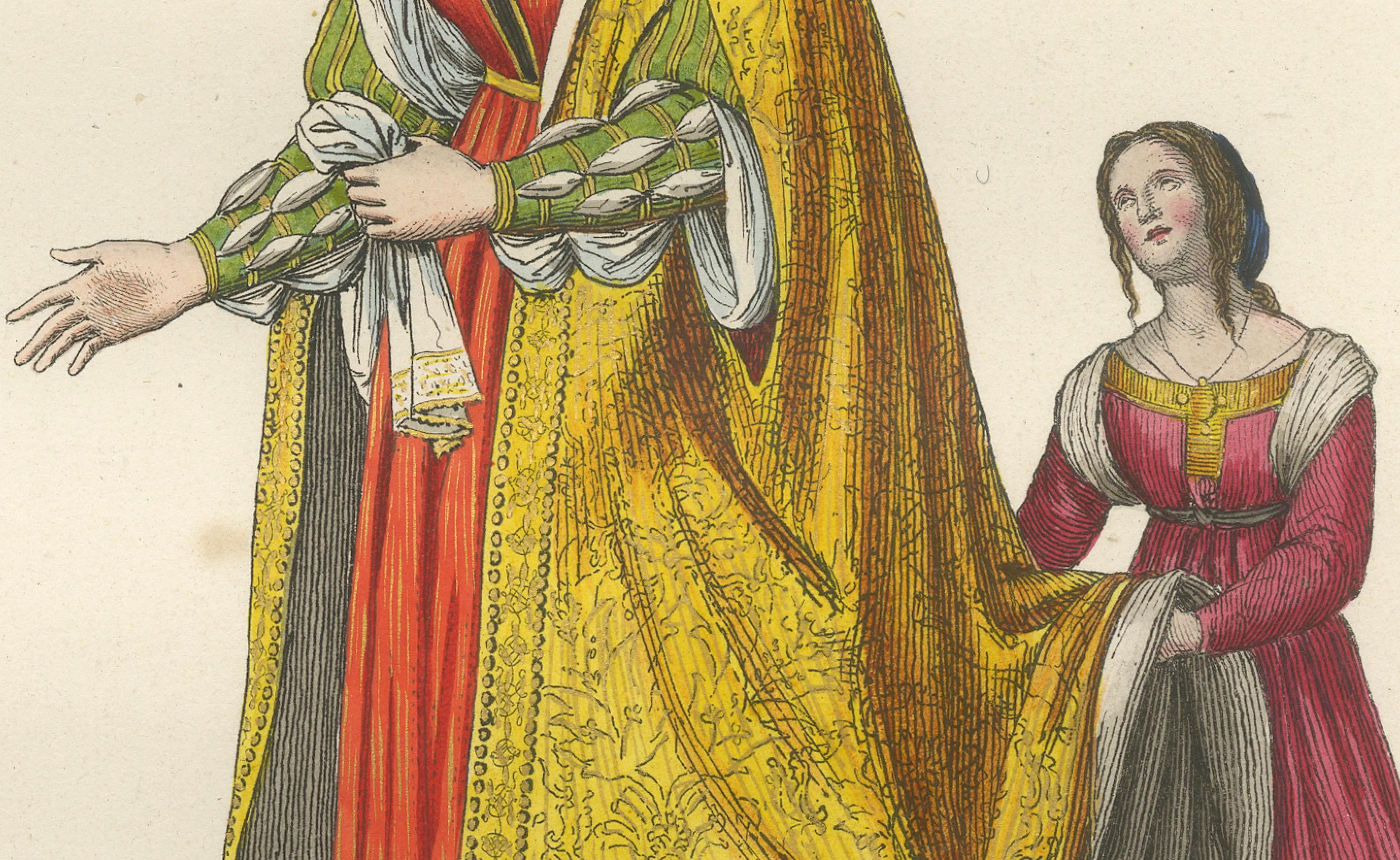 Trajes del siglo XV - Grabado antiguo de figuras nobles, publicado en 1845 en Bueno estado para la venta en Langweer, NL