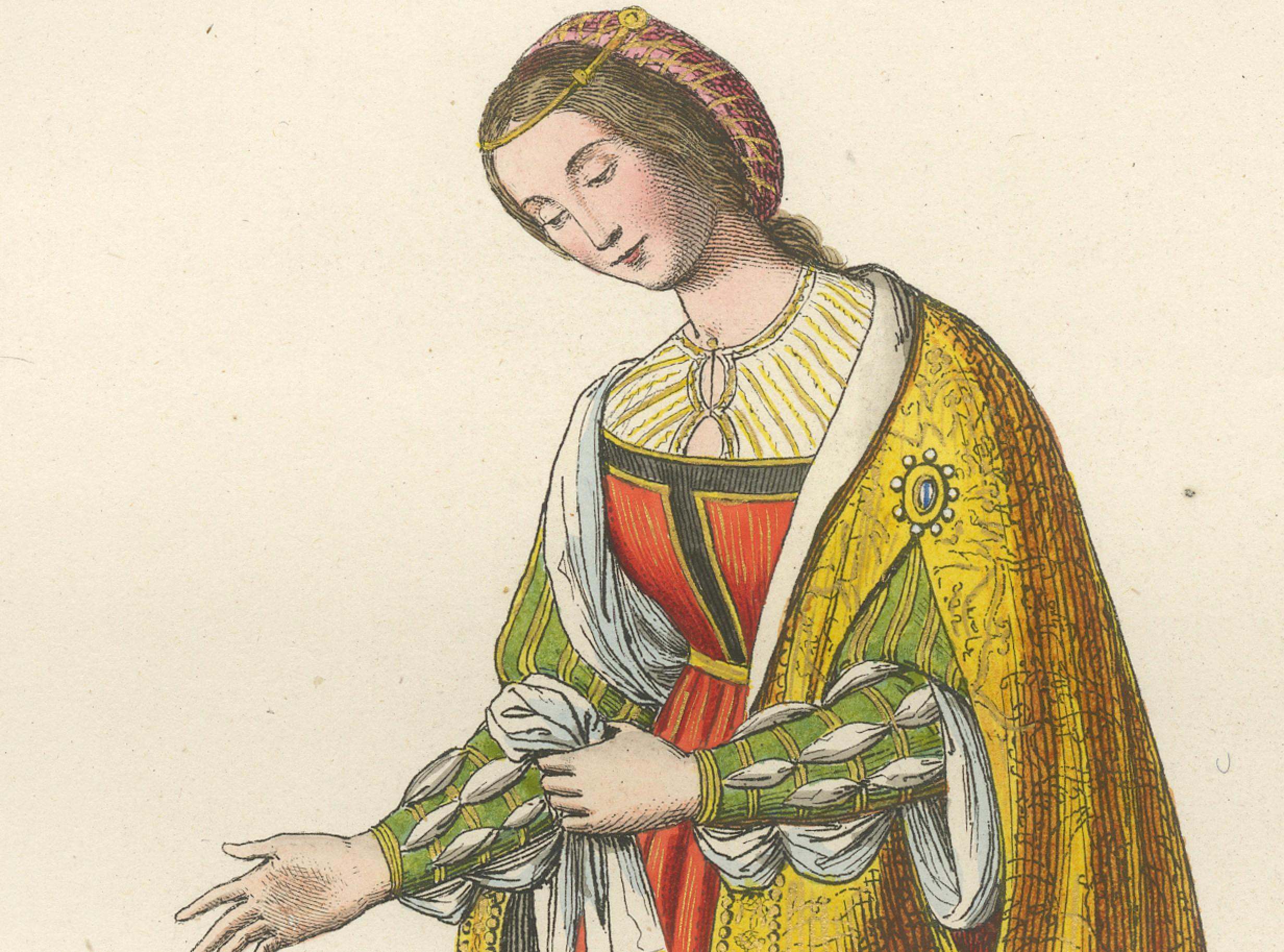 Trajes del siglo XV - Grabado antiguo de figuras nobles, publicado en 1845 siglo XIX en venta