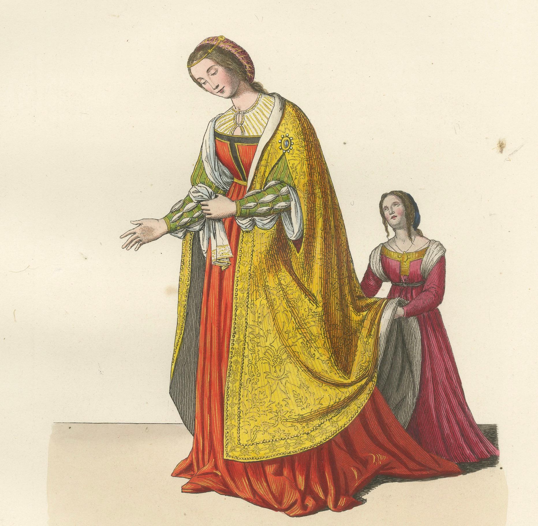 Trajes del siglo XV - Grabado antiguo de figuras nobles, publicado en 1845 Papel en venta