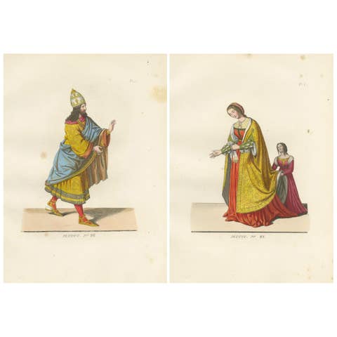15th Century Costumes – Antique Print of Noble Figures, Published 1845