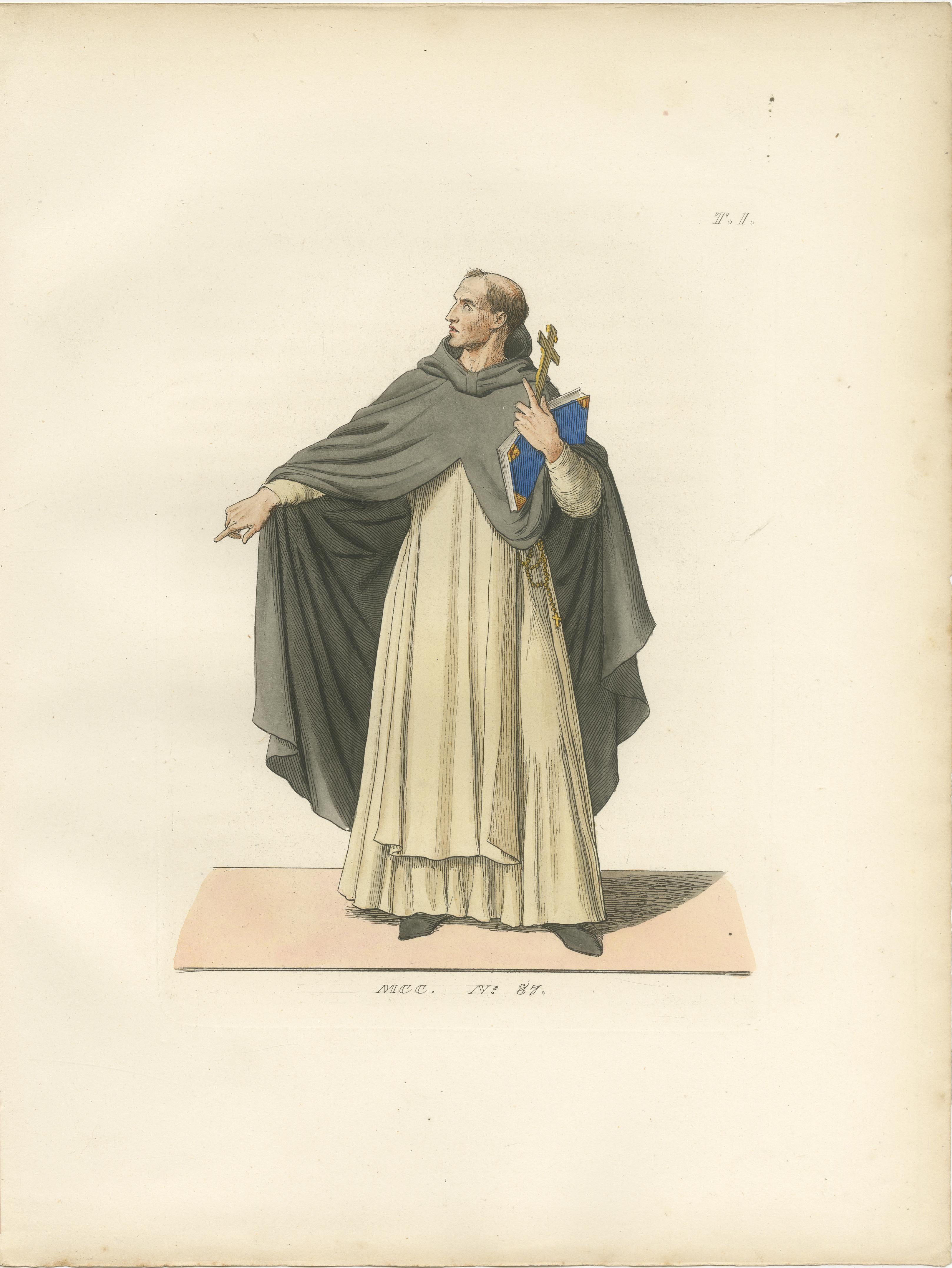 Predicador dominico con cruz y libro, hacia 1400

Esta evocadora lámina de trajes, identificada como lámina n.º 87 de la obra maestra de 1845 Costumes Historiques des XIIIe, XIVe et XVe Siècles, presenta un convincente retrato de un fraile dominico,