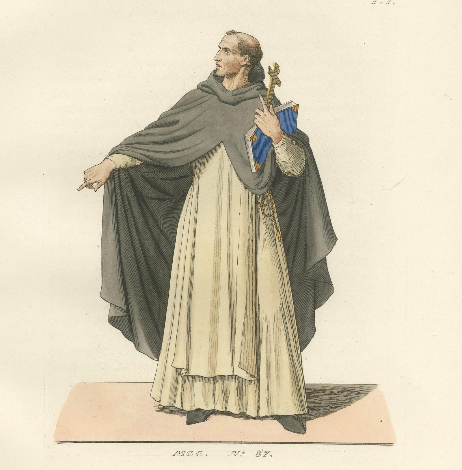 Fraile dominico del siglo XV - Grabado antiguo sobre traje, publicado en 1845 Francés en venta