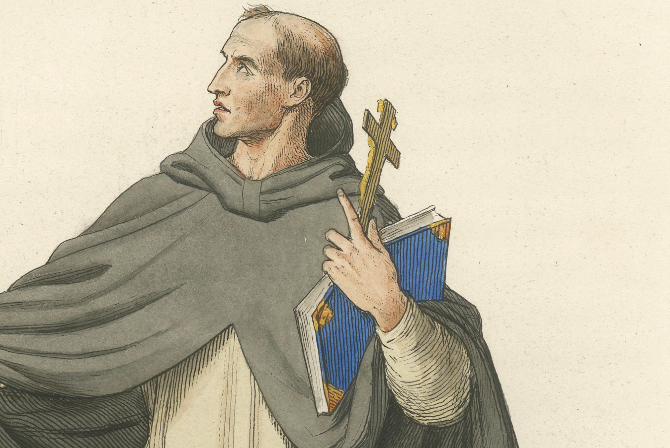 Fraile dominico del siglo XV - Grabado antiguo sobre traje, publicado en 1845 en Bueno estado para la venta en Langweer, NL
